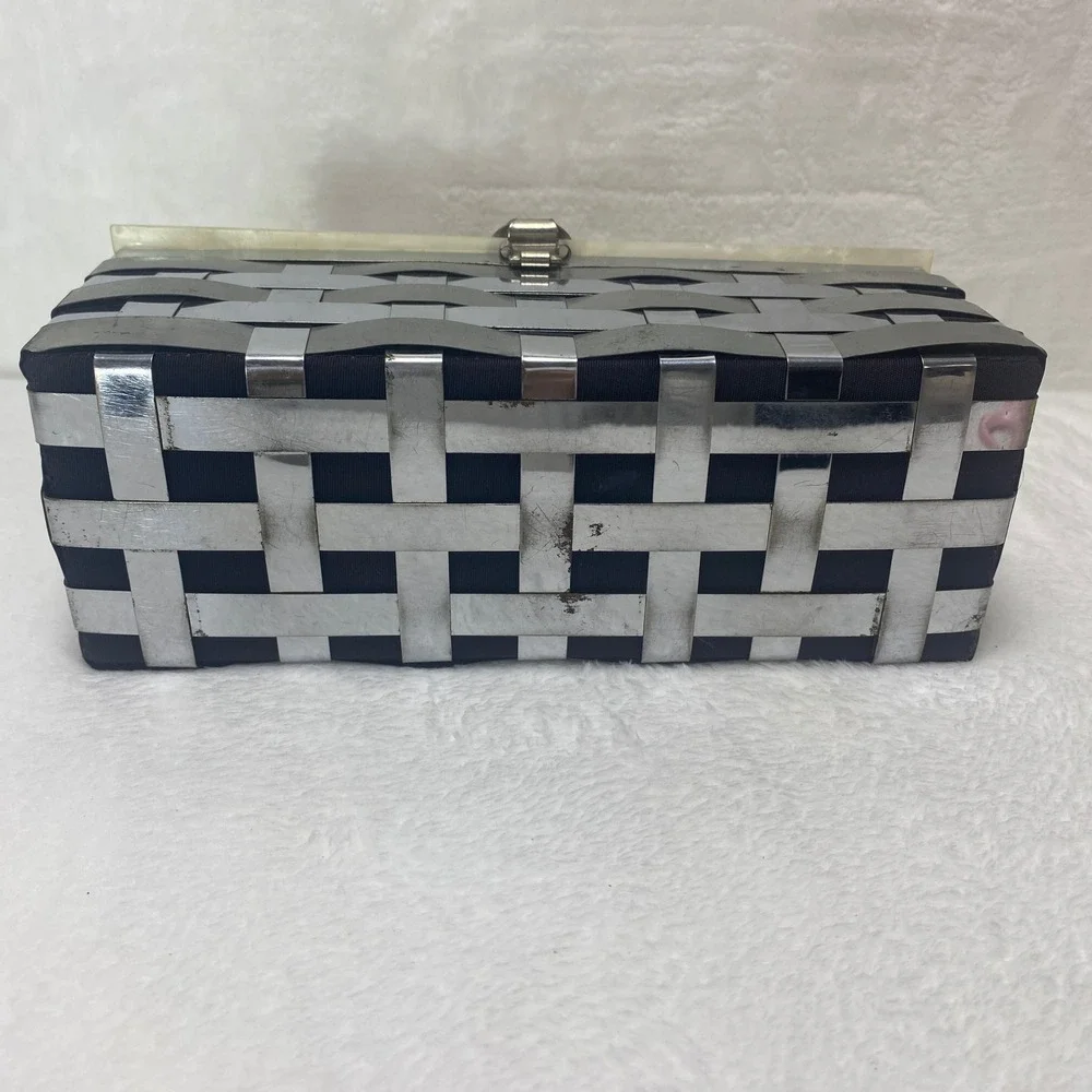 VTG Dorset Rex Lucite Basket Weave Metal Purse Silver White Bakelite Lid Handbag